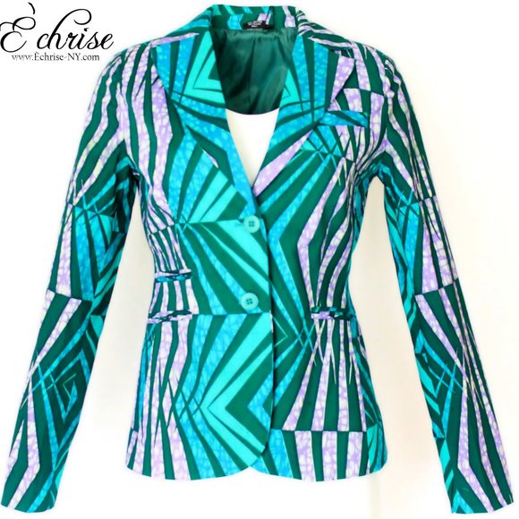 NWT Geometric African Print Blazer/Jacket - B9300 Green/Teal - Picture 1 of 4